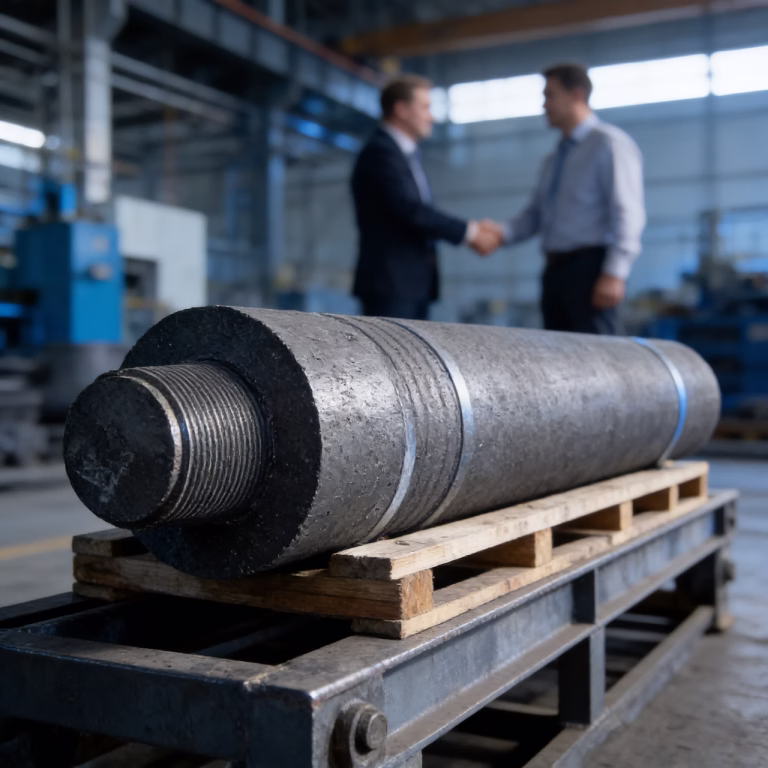 Massive industrial graphite electrode on a transport cradle, representing reliability and supply chain expertise for steel plants.